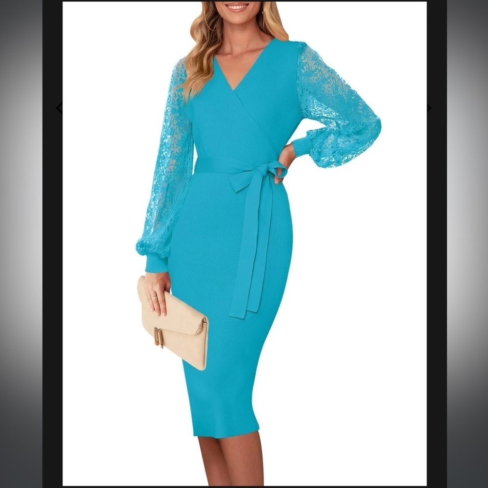 LACE LONG SLEEVE V NECK WRAP KNIT MIDI DRESS MEDIUM